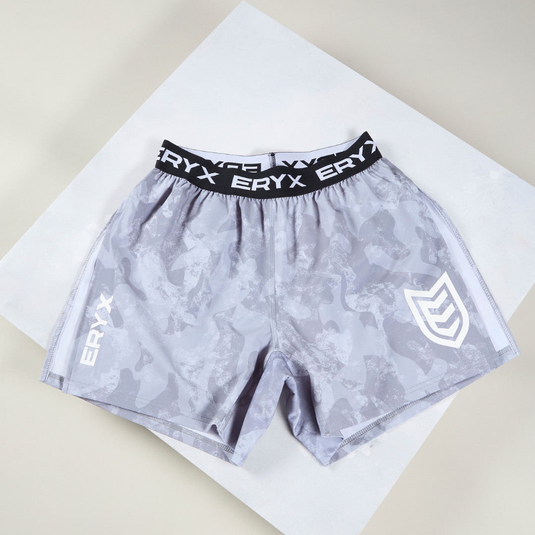 Eryx Grey Camo High Split Shorts